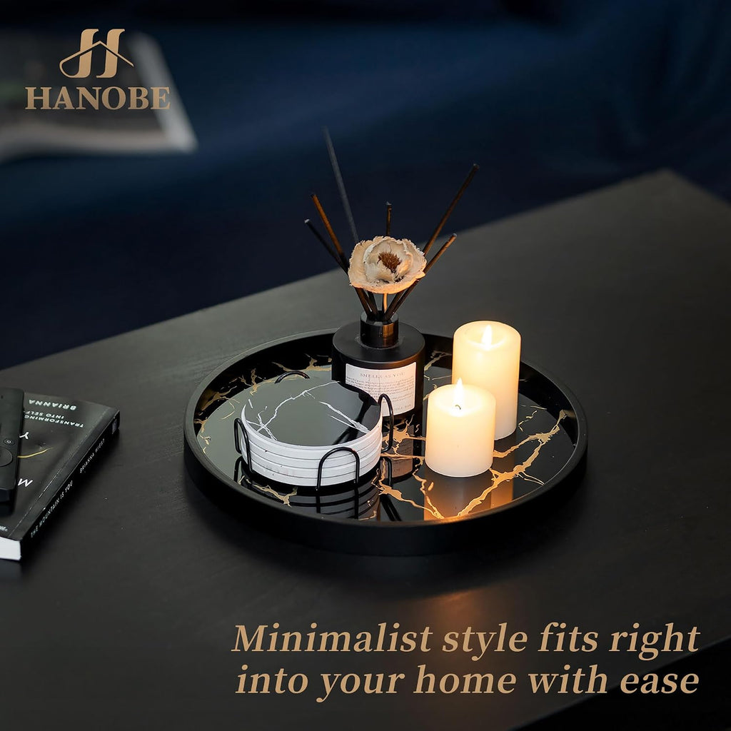 Decorative Tray Decor Round Serving Trays for Coffee Table | 11.8" Modern Black Imitation Marble Tray for Table