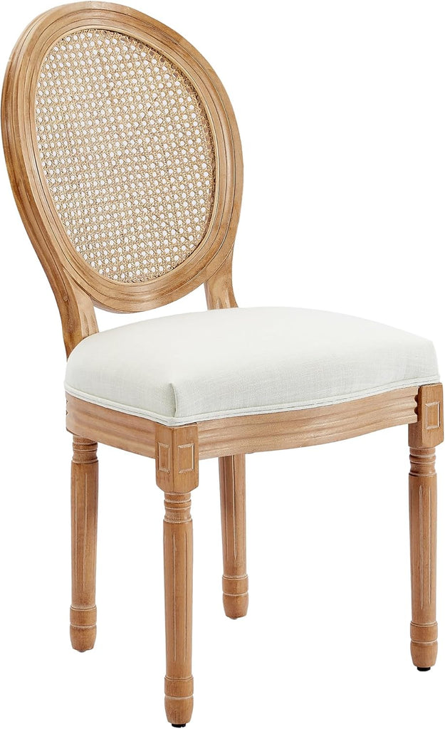 French Country Rattan Dining Chairs Set of 4, Upholstered Farmhouse Dining Chairs with Round Back and Linen Fabric, Mid-Century Style
