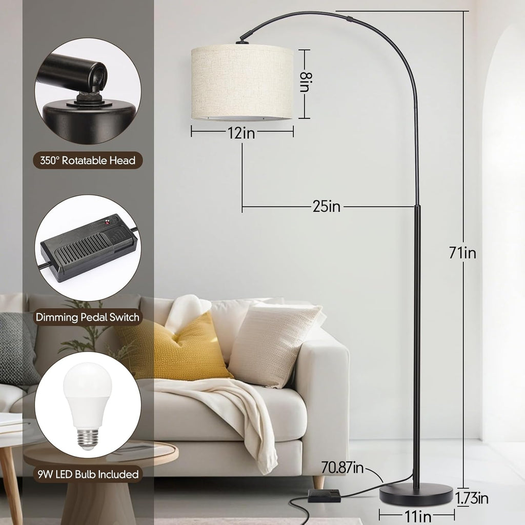Dimmable Floor Lamp, Arc Floor Lamp with Dimmer, Black Standing Lamp with Adjustable Hanging Shade