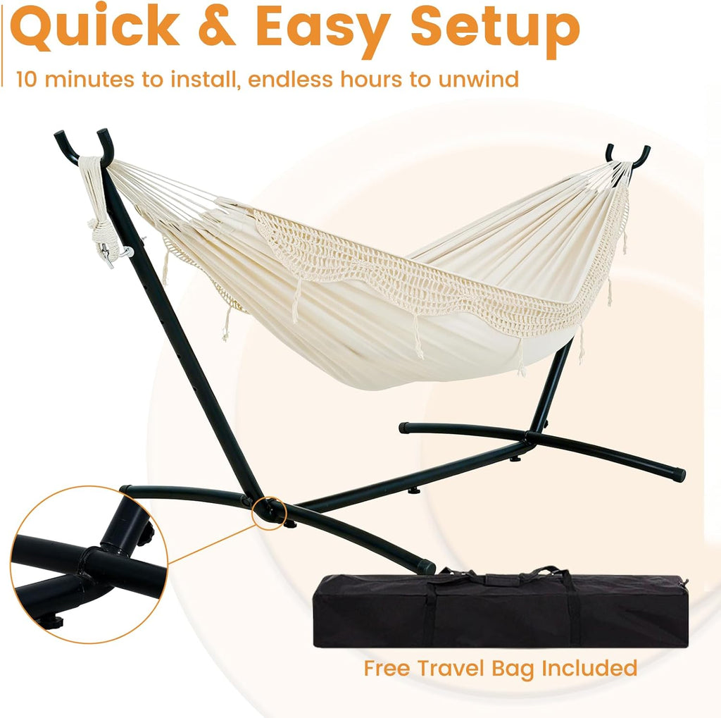 9FT Double Hammock with Sturdy Steel Stand and Durable Fabric, Camping Lace Hammocks Include Portable Carrying Case