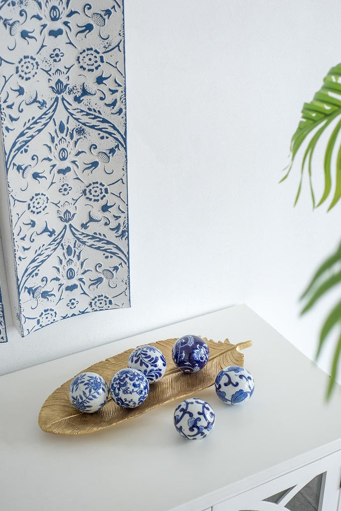 Set of 6 Porcelain Decorative Spheres - Handcrafted Blue and White Floral Orbs Decor, Tabletop Accent, Shelf Display