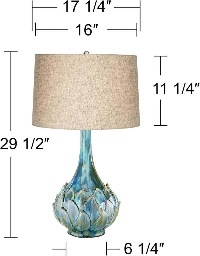 Euro Design Kenya Modern Tropical Table Lamp with USB Dimmer 29 1/2" Tall Blue Green Glaze Ceramic Beige Linen Drum