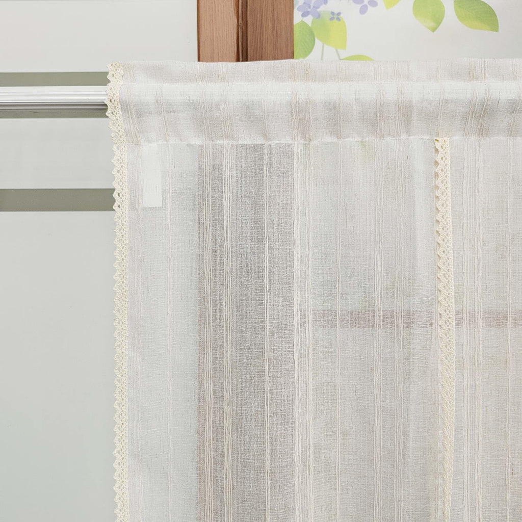 Beige Crochet Linen Striped Tie Up Sheer Curtain Valance Window