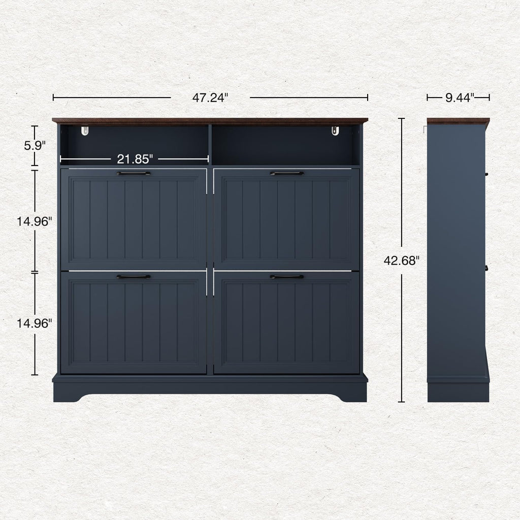 Shoe Storage Cabinet with 4 Flip Drawers, Farmhouse Modern Hidden Shoes Rack Cabinet with Adjustable Shelves & Open