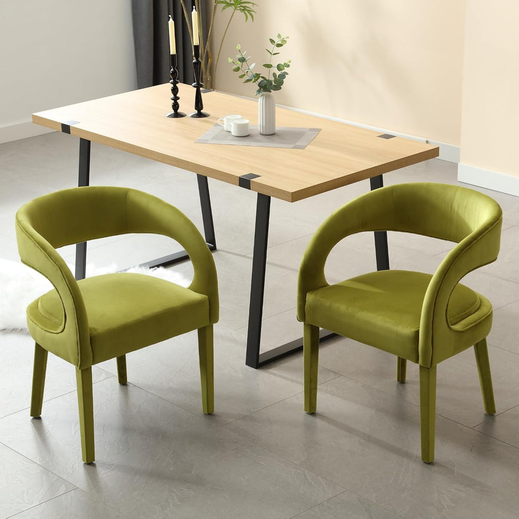 Modern Barrel Dining Chairs Set of 2, Green Velvet Upholstered Dining Room Chairs Open Back Kitchen Chairs Accent Side