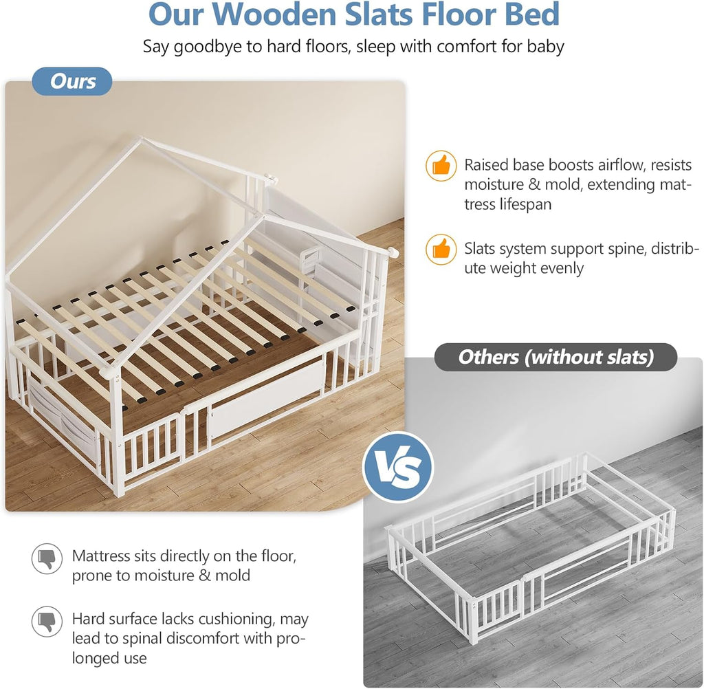 Twin Montessori Floor Bed with Storage Bookshelf and Globe String Lights House Shaped Floor Bed for Kids with Safety