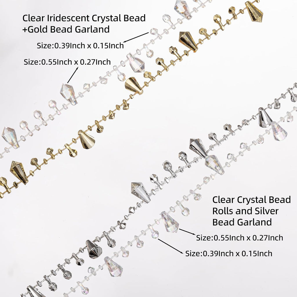 33 Feet Crystal Garland Christmas Clear Iridescent Crystal Bead Rolls and Gold Bead Garland Twist Bead String for