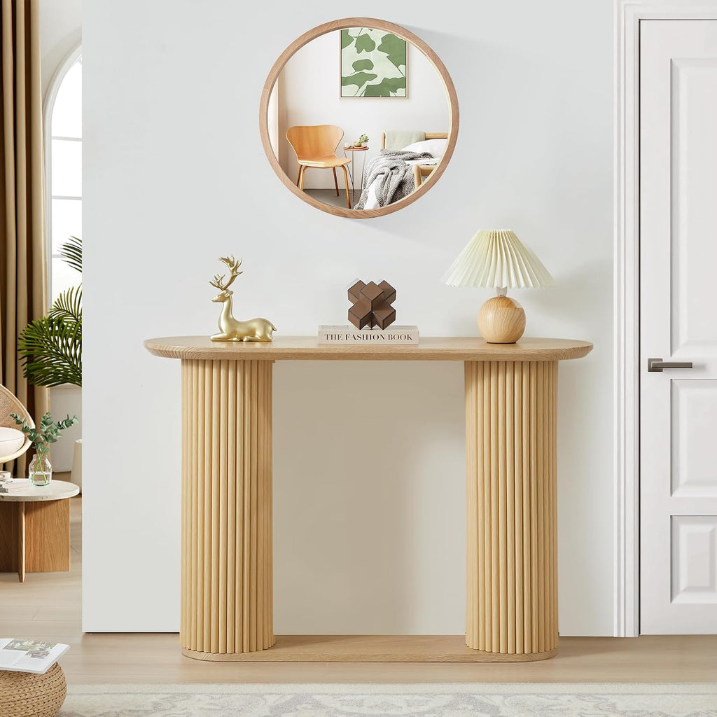 Fluted Console Table, Farmhouse Oval Curved Entryway Table with Storage and Fluted Wood Legs, Narrow Sofa Table Small