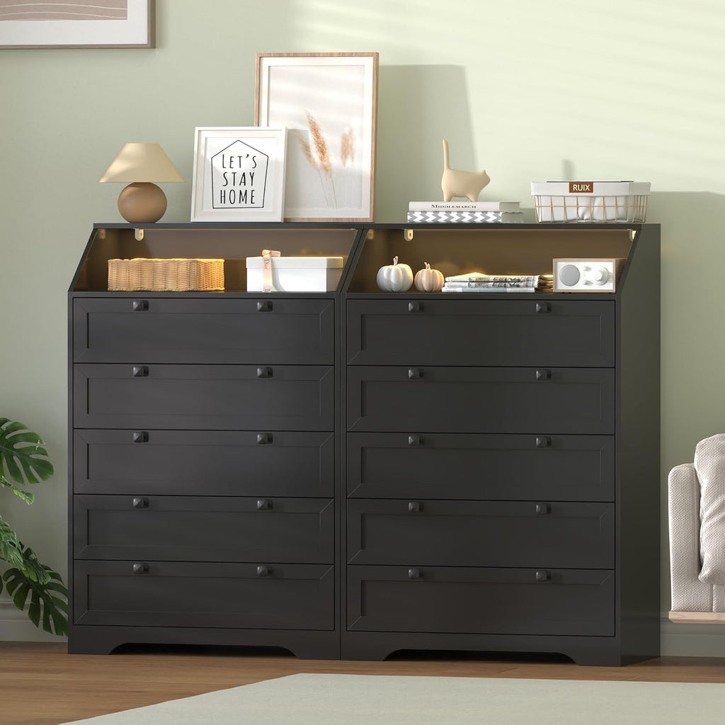 Black Dresser Tall 5 Drawer Dresser , Wood Chest of Drawers with LED Lights, Charging Station, Metal Handles, Modern
