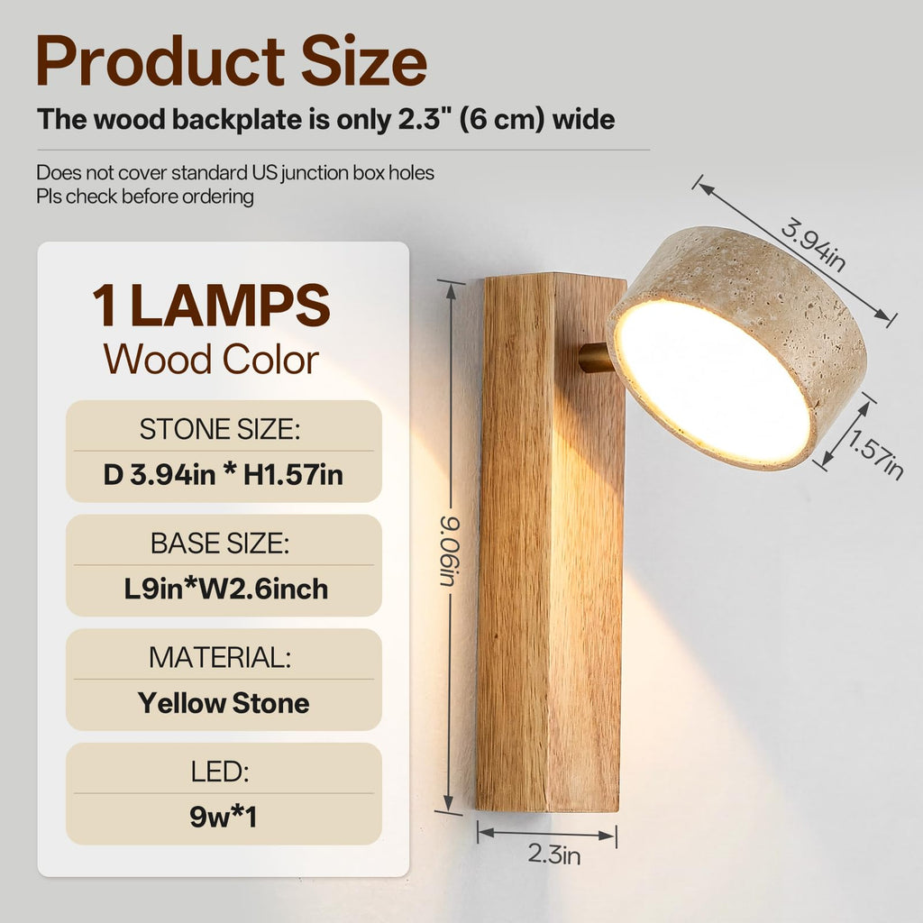 Natural Travertine Wall Sconce, Solid Wood Japandi LED Vanity Light, 1-Pack