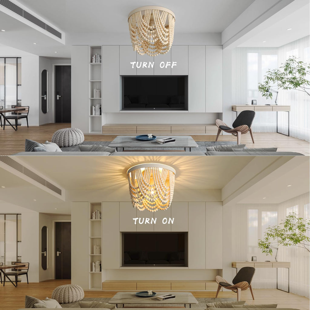 RyalQ Boho Ceiling Light 3 Light Wood Beaded Chandelier