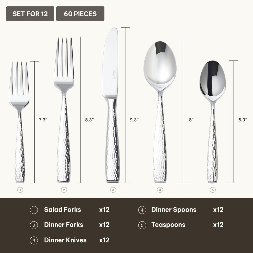 60-Piece Hammered 18/10 Forged Silverware Set for 12 (Ponza)