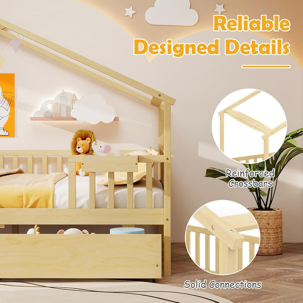 Full House Bed with Drawers, Wooden Full Size Bed Frame with Cube Storage & Fence Rails, Montessori Beds for Kids