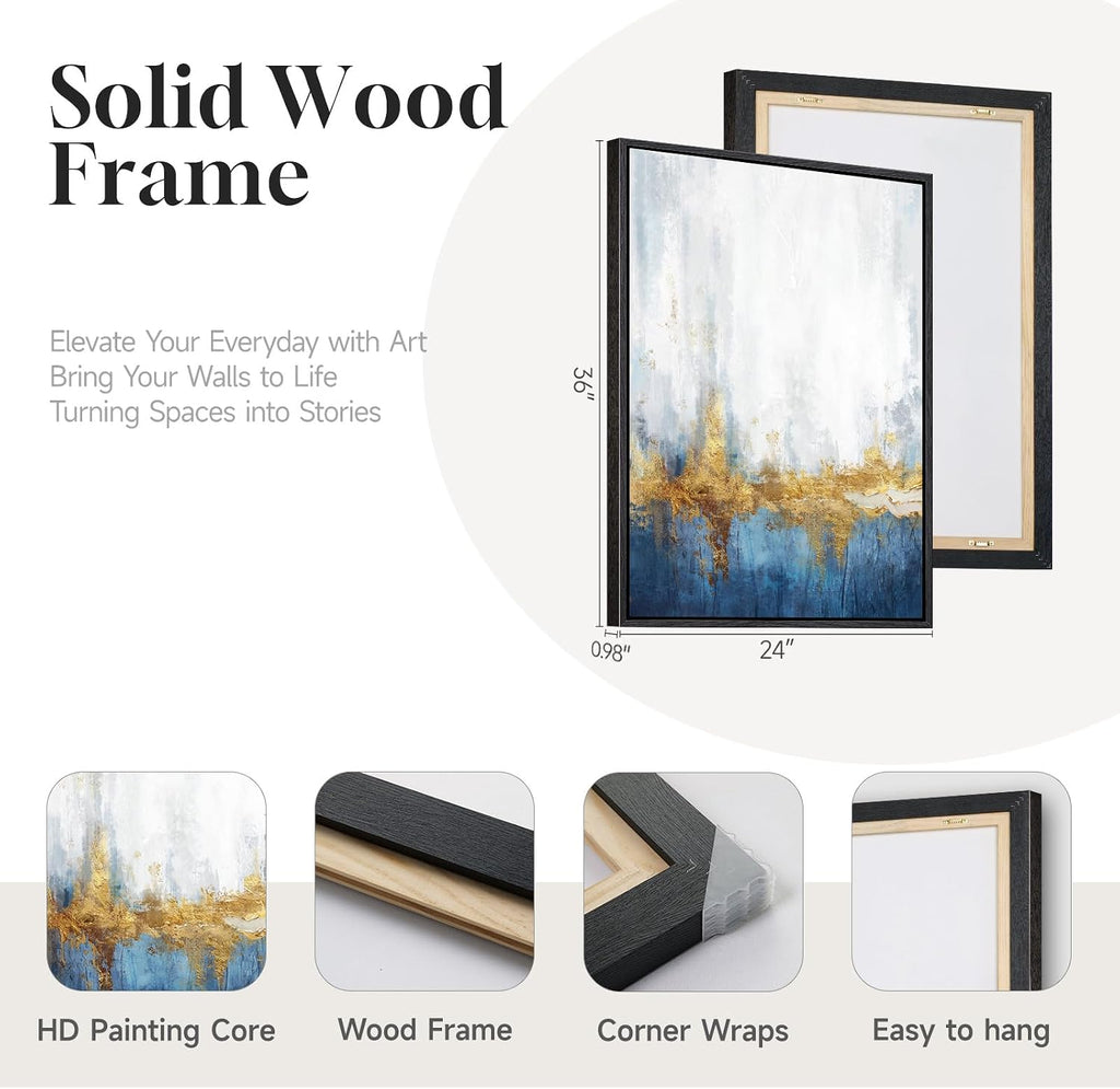 Framed Blue and White Abstract Wall Art , Set of 2 Large Gold Modern Luxury Canvas Artwork for Walls, Contemporary