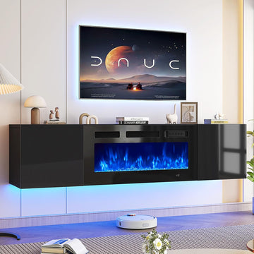 70" Floating TV Stand with 36" Electric Fireplace, Wall Mounted Fireplace Entertainment Center with Storage, Fire Place TV Console for Living Room, All Black