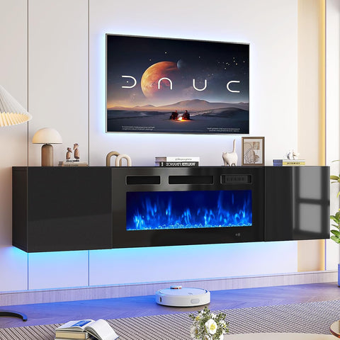 70" Floating TV Stand with 36" Electric Fireplace, Wall Mounted Fireplace Entertainment Center with Storage, Fire Place TV Console for Living Room, All Black A132-B0DGPZM33B