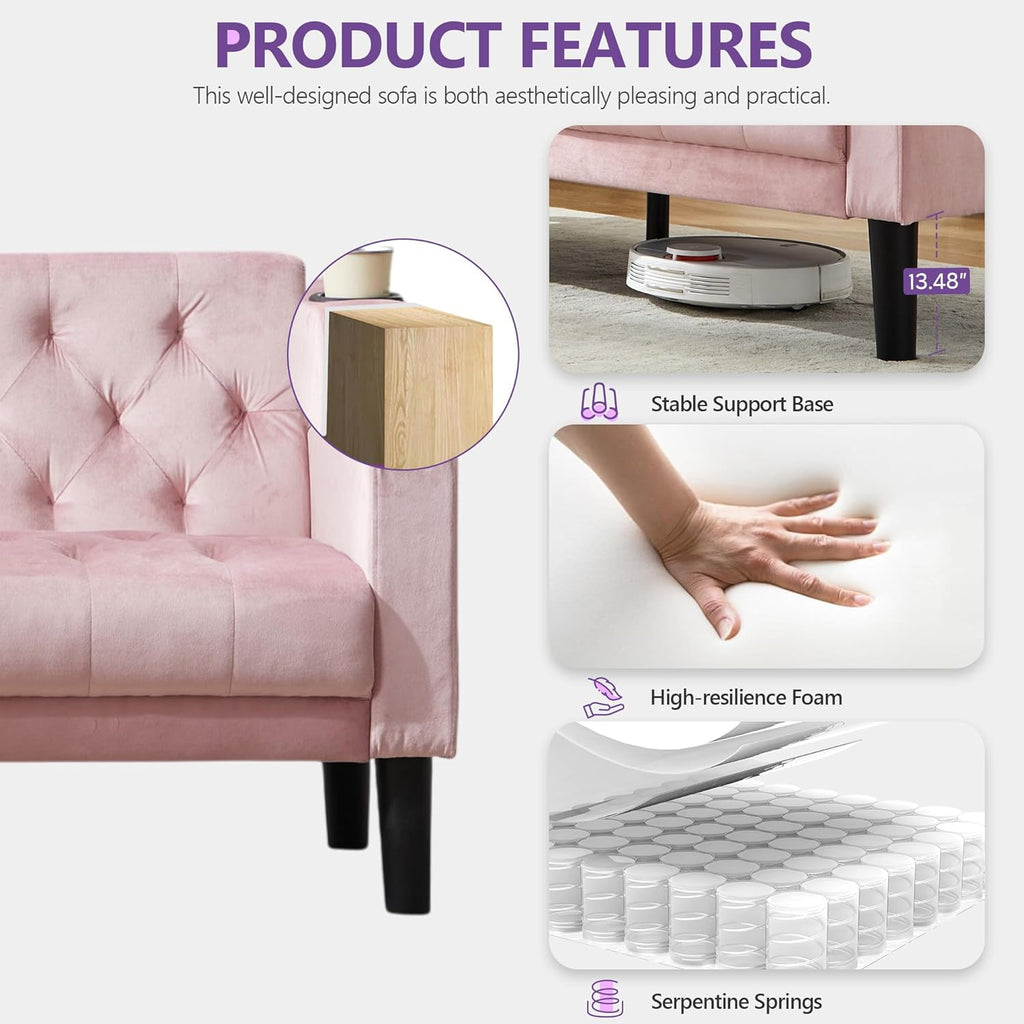 Mid-Century Modern Tufted Pink Velvet Loveseat Sofa Set w/ 2 USB & 2 Cupholders, 2 Piece Living Room Furniture Sets