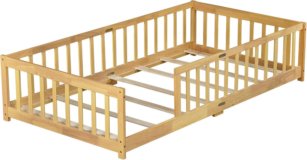 Twin Size Montessori Toddler Floor Bed with Wood Slats for Girls and Boys, Wood Montessori Bed Frame with Safety