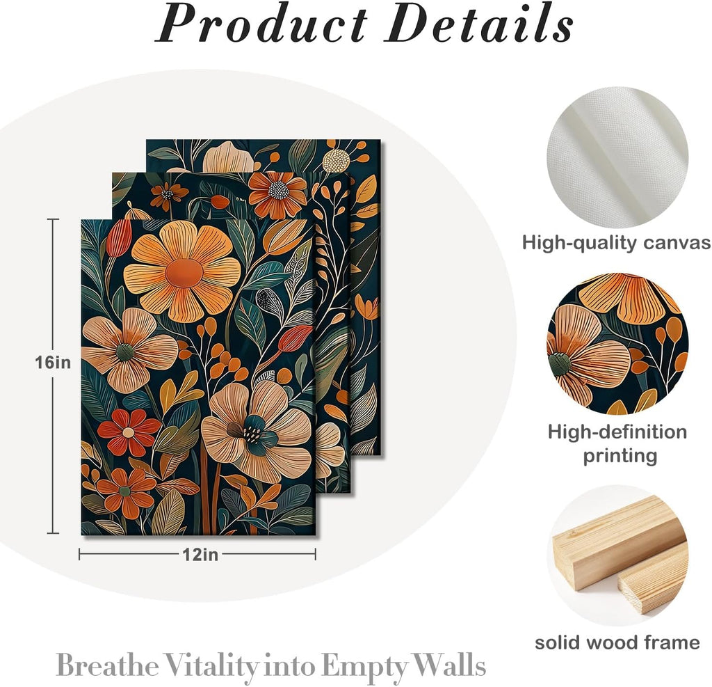 3 pcs Vintage Orange Floral Framed Canvas Wall Art, Medieval Modern Floral Paintings, Natural Botanical Artwork