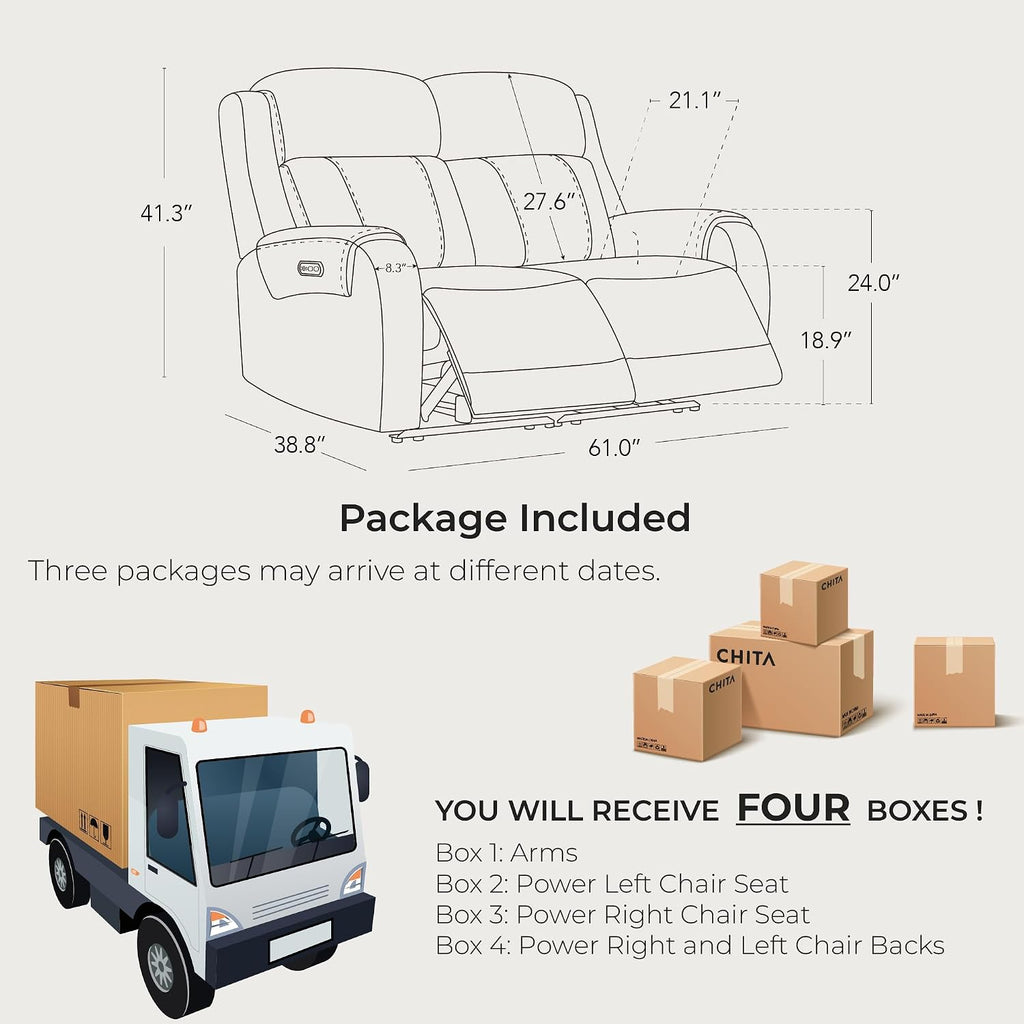 Genuine Leather Power Recliner Sofa, Wall Hugger Reclining Loveseat with Power Headrest, Dual Motor, USB Charging