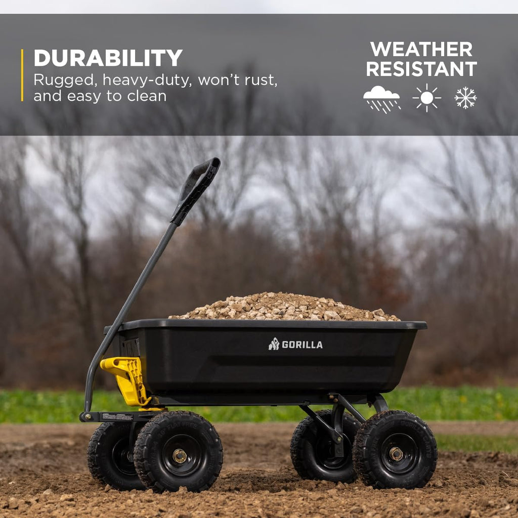 Dump Garden Cart, 4 Cu Ft, 600 lb Capacity, No-Flat Tires | Utility Wagon, Steel Frame, Patented roll-over dump
