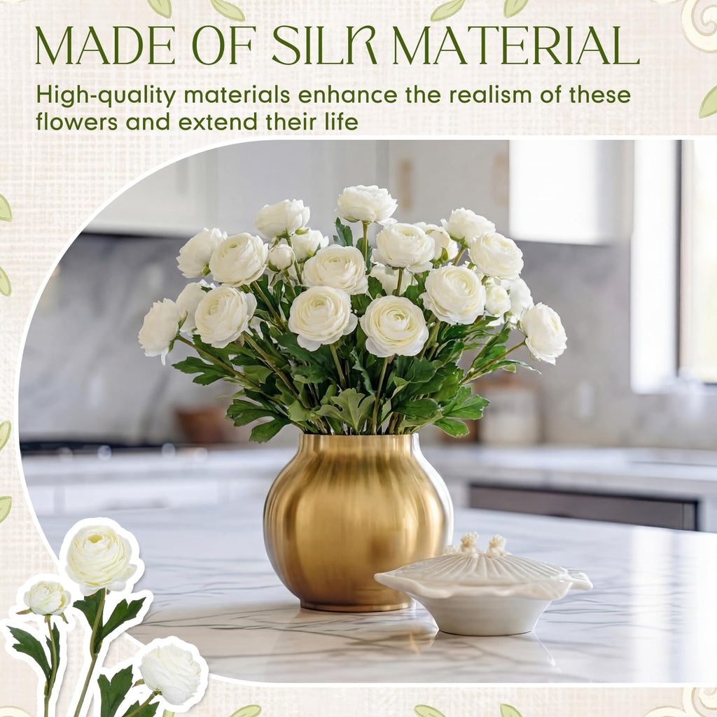 12 Pcs White Artificial Ranunculus Flowers with Stem, 18 Heads