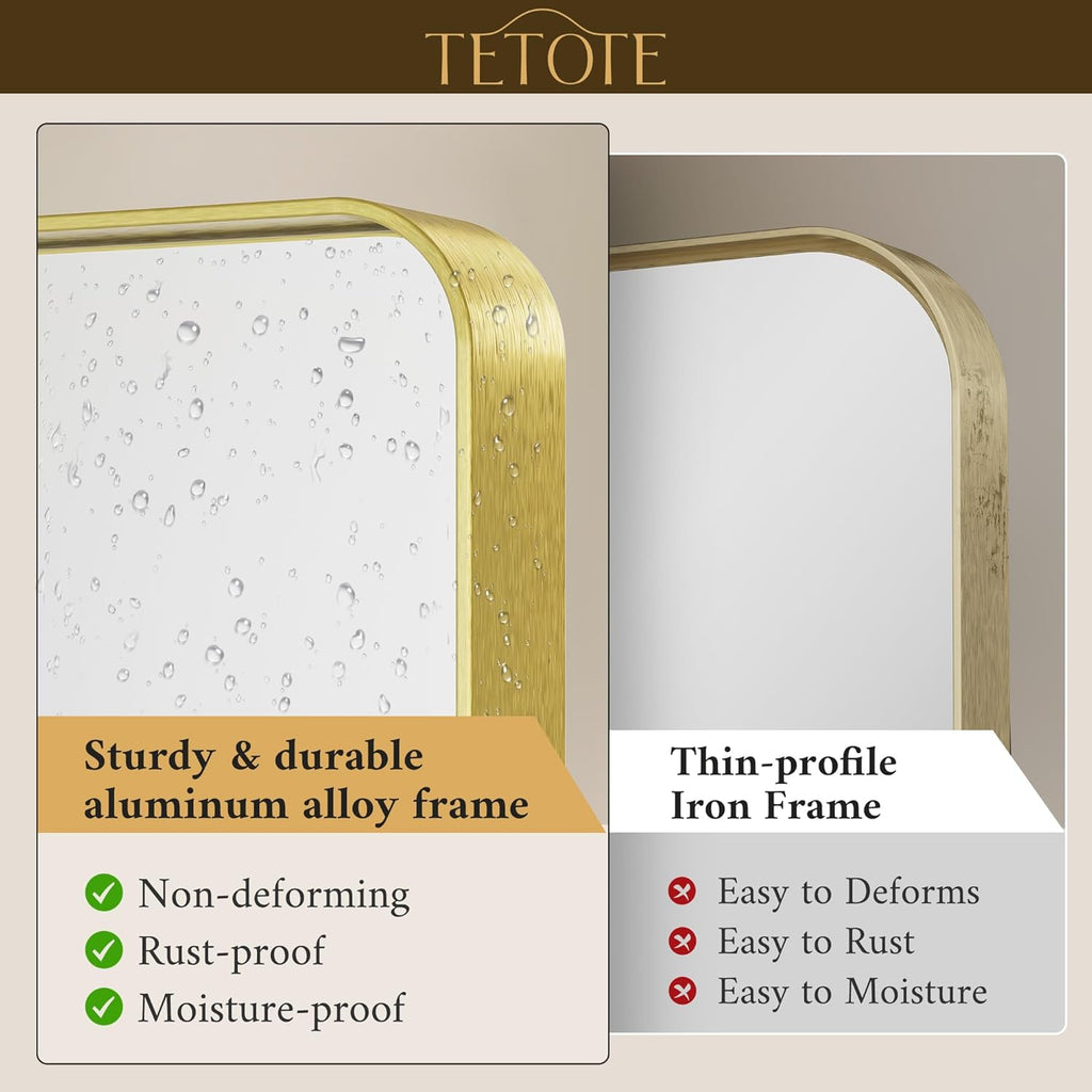 40 x 30 Inch Gold Bathroom Mirror, Brushed Brass Metal Frame Mirror for Vanity, Rectangle Wall Mounted Golden Modern