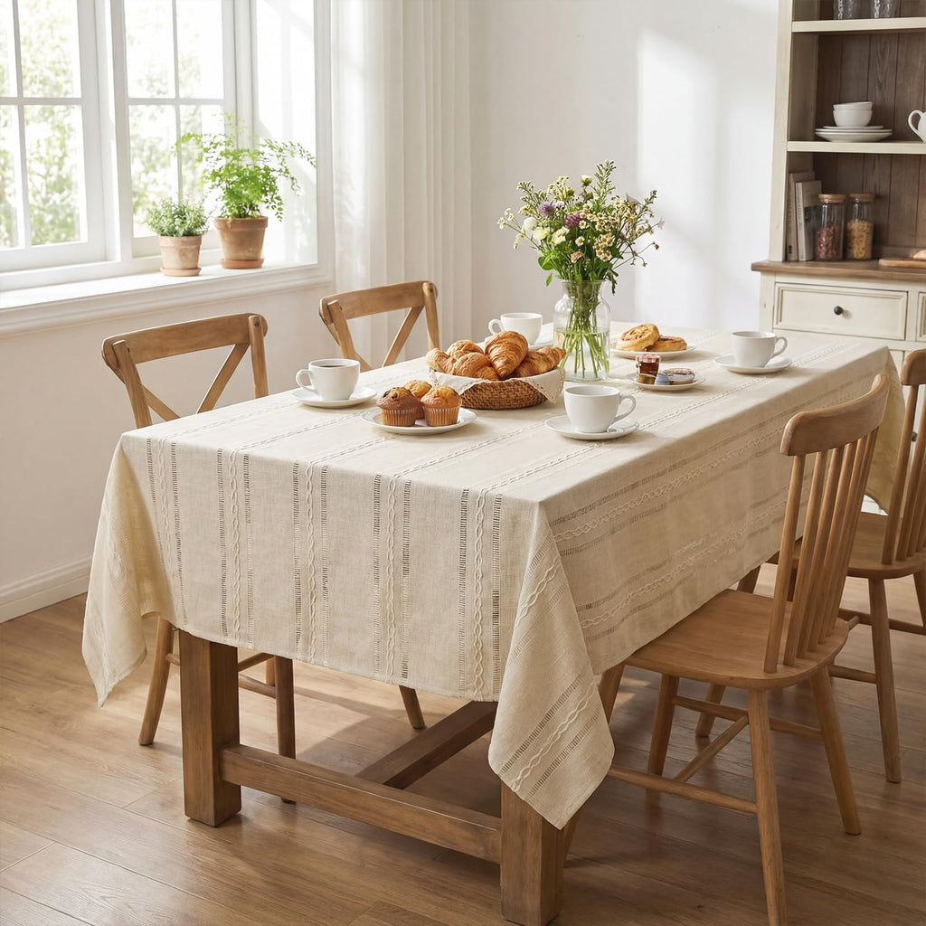 Beige Cotton Blend Tablecloth 60×84 Inch Rectangular, Farmhouse Style, Wrinkle Resistant Washable Ta