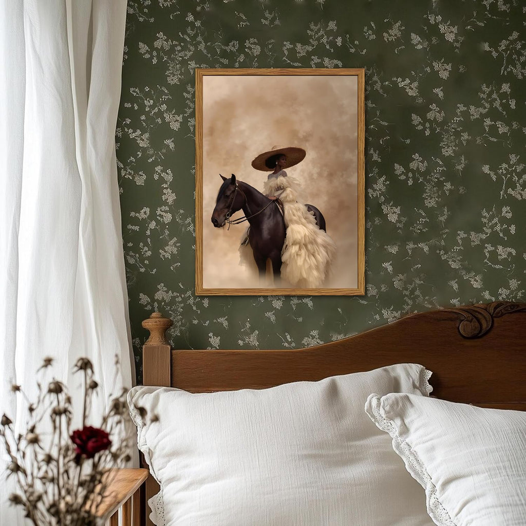 Framed Western Cowgirl Wall Art, Fashion Black Girl Riding Horse Canvas Wall Decor Painting, Black Woman African