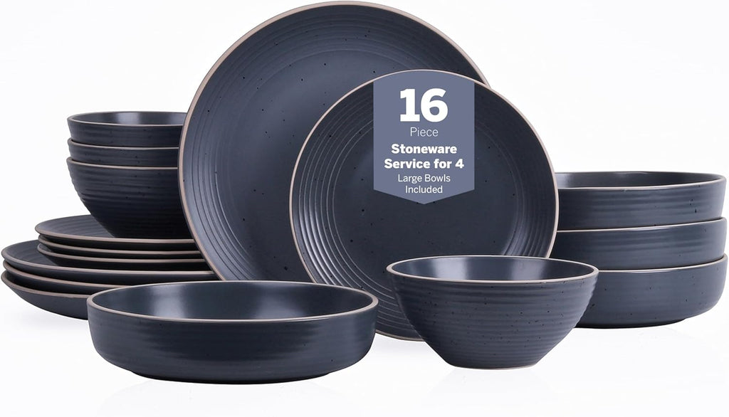Lauren Modern Stoneware 16-piece Round Dinnerware Set, Plates and bowls Set, Dish set for 4, Charcoal