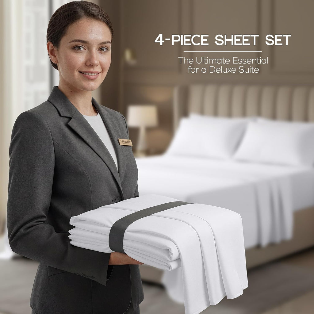 Hotel Sheet Set - 4 Piece Luxury Bedding Sheets, Deep Pocket Soft & Breathable Microfiber Bed Sheets, 1 Fitted
