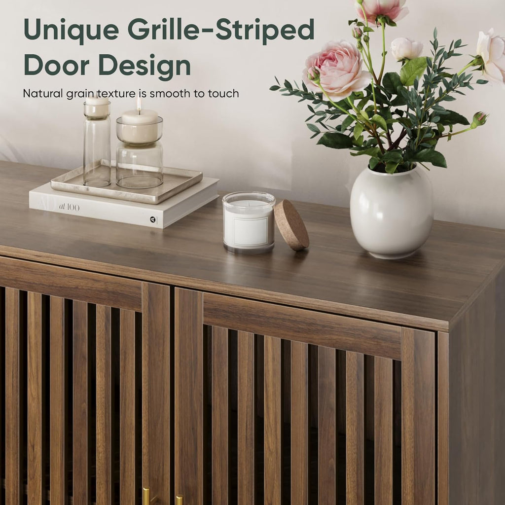 63" Long Sideboard Buffet with 4 Slatted Doors, Farmhouse Buffet Storage Cabinet with Adjustable Shelf