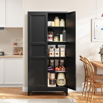 Metal Pantry Cabinet, 75" Kitchen Pantry with 2 Door and 4 Adjustable Shelves,Black Metal Pantry Storage
