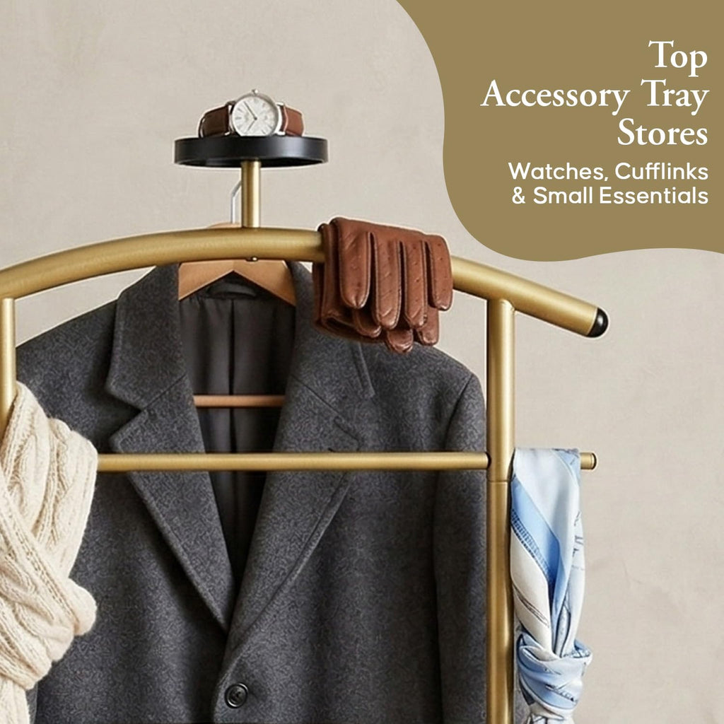 Freestanding Metal Suit Valet Stand with Tie Bar, Gold