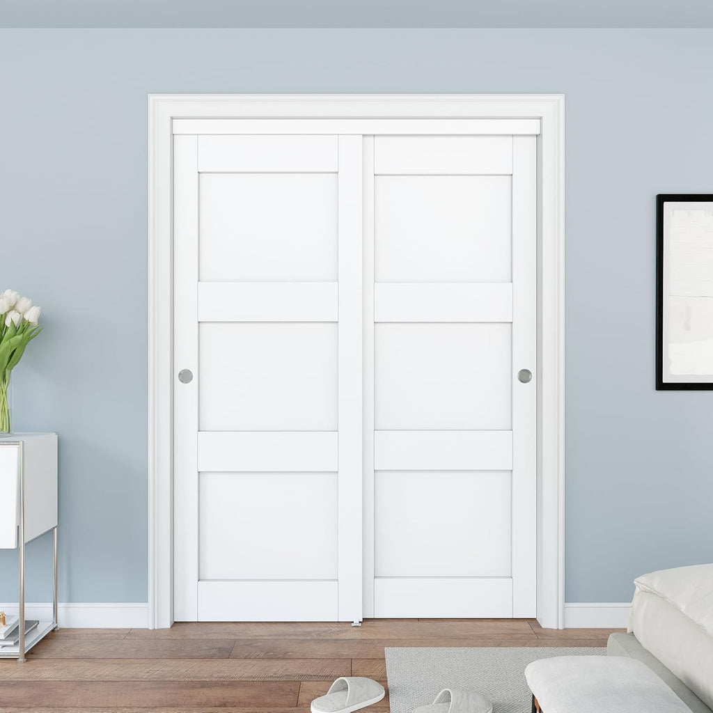 Closet Sliding Door, 60"×80"(Double Doors 31"), 3 Panel Sliding Door with Hardware Kit, Pre-Drilled 