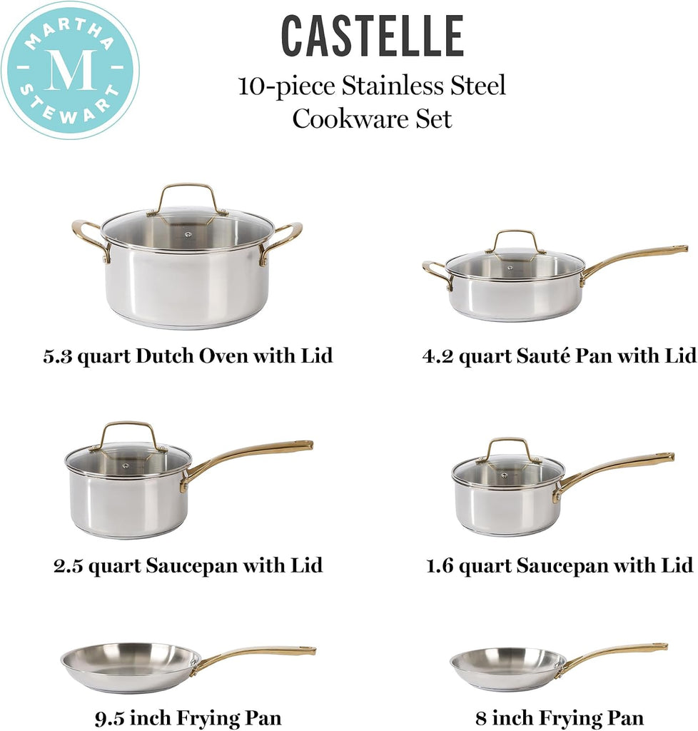 Castelle 10 Piece 18/8 Durable Stainless Steel Induction Safe Pots and Pans Non-Toxic Kitchen Cookware Set - Gold