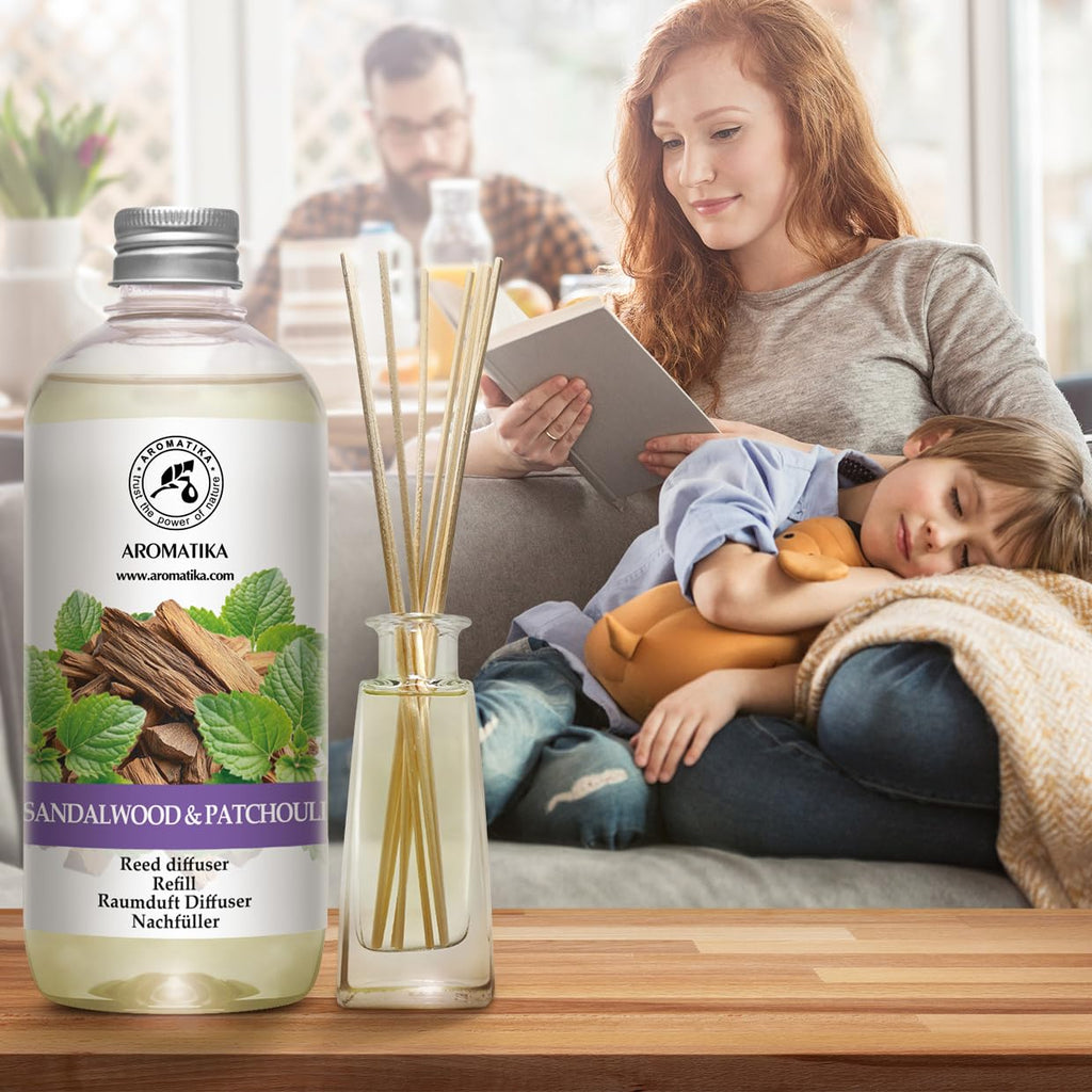 Reed Diffuser Refill Sandalwood - Patchouli 17 Fl Oz - Scented Diffuser Refill with Patchouli Essential Oil - Home