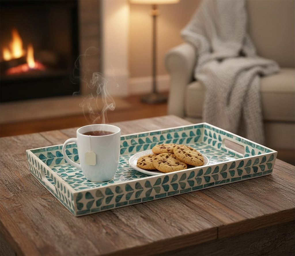 Rectangular Mother of Pearl Serving Tray Nacre Wood Lap Ottoman Tray for Coffee Table, Luxury Decorative Eating