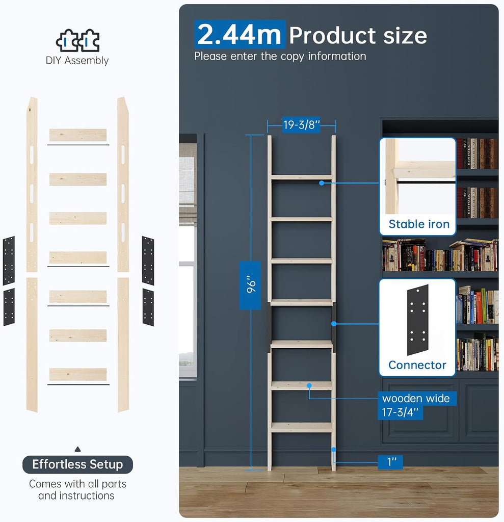 Rolling Library Ladder 8ft,450lbs Capacity,7 Steps with Build-in Handrail,Solid Wood,Easy Assembly for Loft Bookshelf