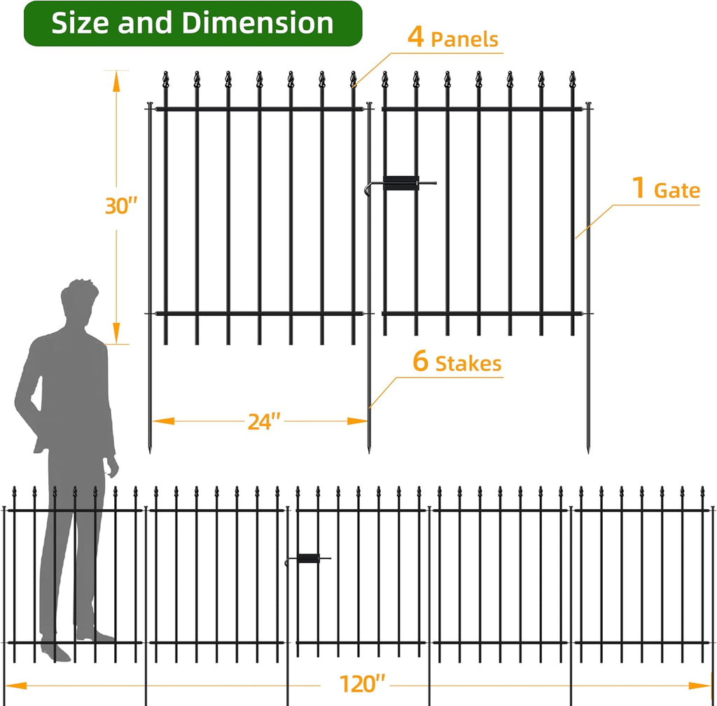 Metal Garden Fence with Gate 30 in H x 10 ft L, 1 Gate + 4 Panels Border Fence Panels Animal Barrier for Dogs, No Dig