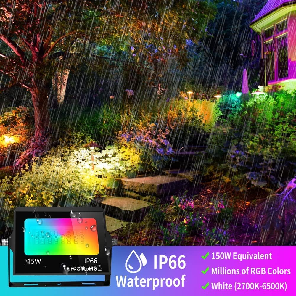 RGB LED Flood Light Outdoor with IP66 Waterproof, 4 Pack Bluetooth APP Control Uplight, 16 Million DIY Color Changing