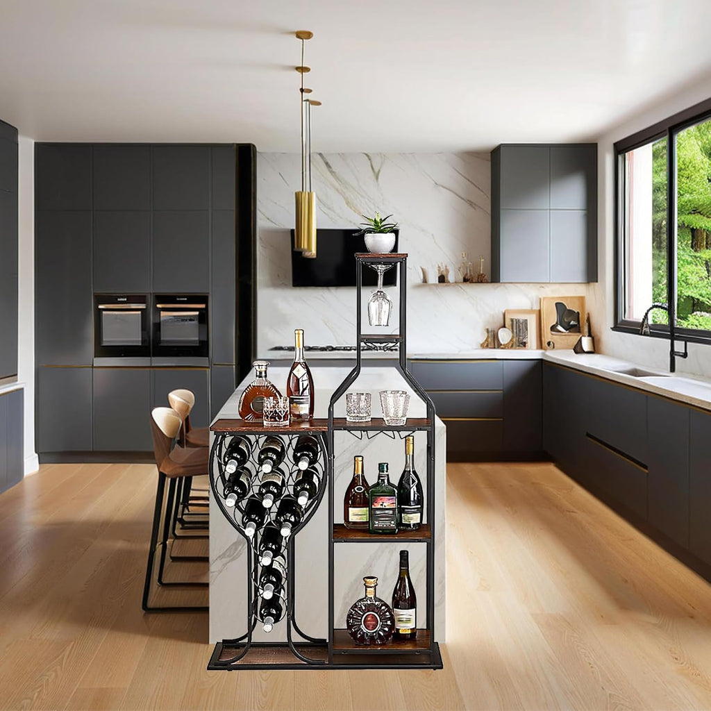 5-Tier Wine Rack Freestanding Floor, 11 Bottles Modern Wooden Wine Holder-Storage Cabinet Bar, Kitchen, Dining Room