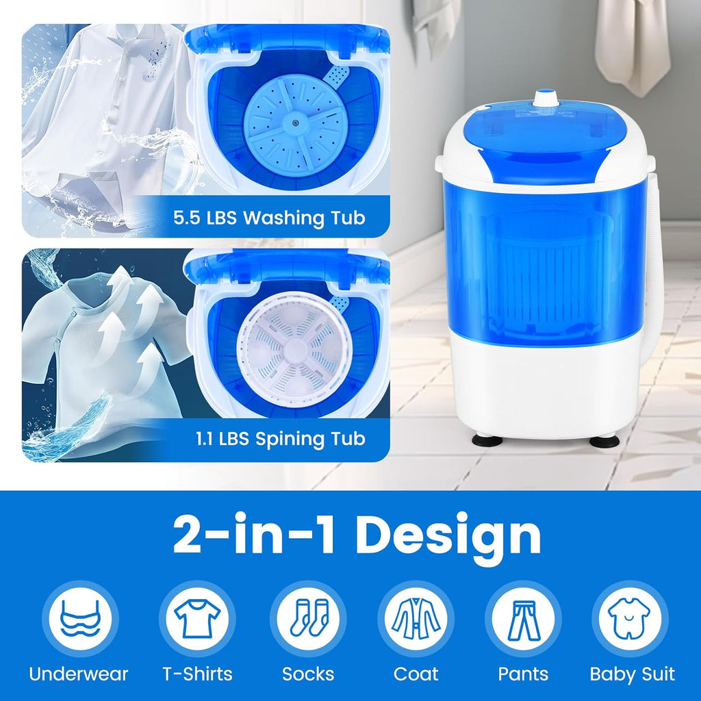 Portable Mini Washing Machine with Spin Dryer, Washing Capacity 5.5lbs, Electric Compact Machines Durable Design
