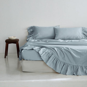 Belgian Linen Sheet Set with Long Ruffles 4pcs (1 Flat Sheet, 1 Fitted Sheet & 2 Pillowcases) Solid Shabby Vintage