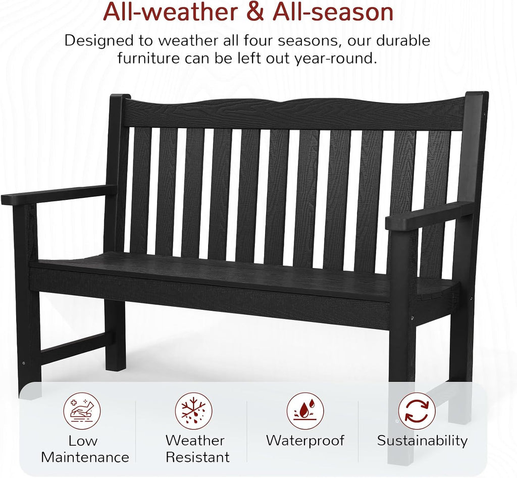 All-Weather 2-Person Outdoor Bench, 800 lbs Capacity HIPS Plastic Garden Bench , Backyard, Porch and Park, Never
