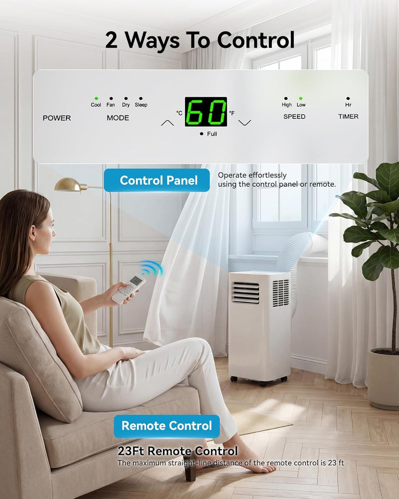 8000 BTU Portable Air Conditioner, 3-in-1 Cools 350 Sq.Ft, Quiet AC with Fan & Dehumidifier, LED Display, Remote