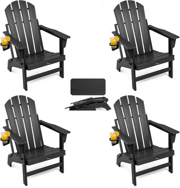 Folding Adirondack Chairs Set of 4, Fire Pit Chairs with Cupholder | Wood-Grain, Stable Gun-Leg, HDPE All Weather, No