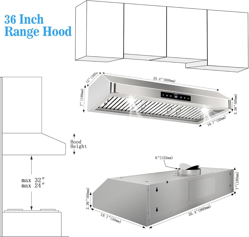 30 Inch Stainless Steel Wall Mount Range Hood 700 CFM 3 Speed Touch Control, LED Lights Convertible Ducted/Ductless