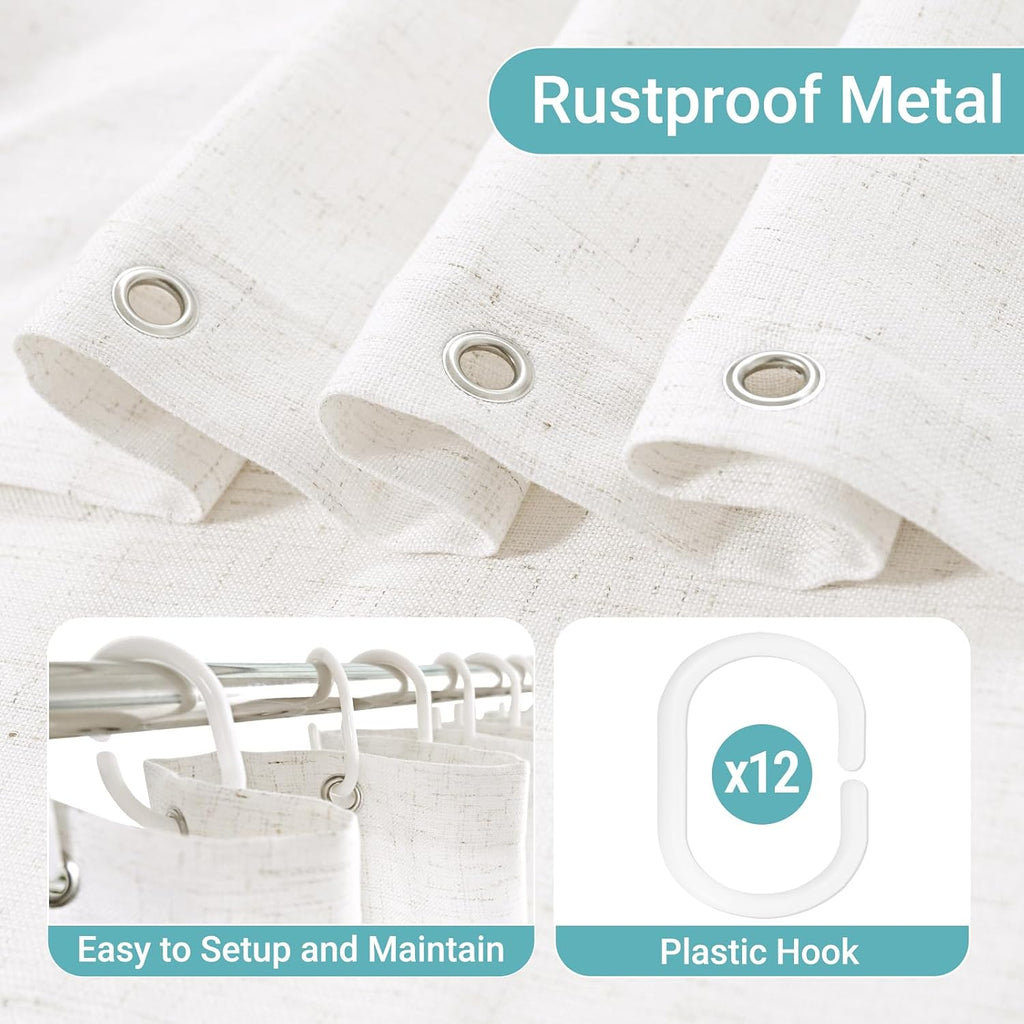 Linen Shower Curtain with 12 Hooks Modern Heavy Duty Washable Fabric Curtain Set Waterproof Thick Cloth Shower