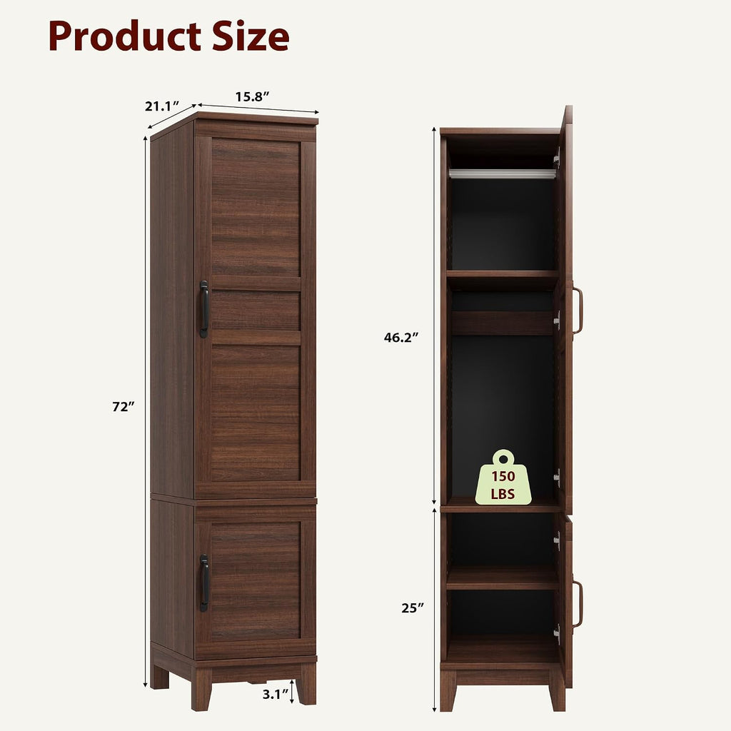 Heavy Duty Wooden Armoire Wardrobe Closet - 2 Doors, 72" Tall, Hanging Rod, 18 Adjustable Shelves, Narrow Bedroom
